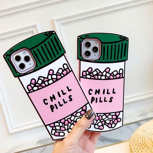 Cute 3D Pink Calm Chill Pills Phone Case For iPhone 12Pro MAX 11Pro MAX XS MAX XR X 6 7 8Plus Cartoon Medicine Bottle Soft Cover