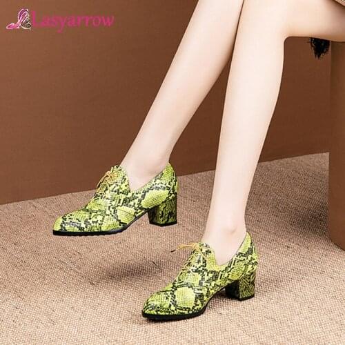 Lasyarrow 2020 new women pumps spring summer round toe thick heel single shoes lace up snake fashion dress shoes ladies shoes