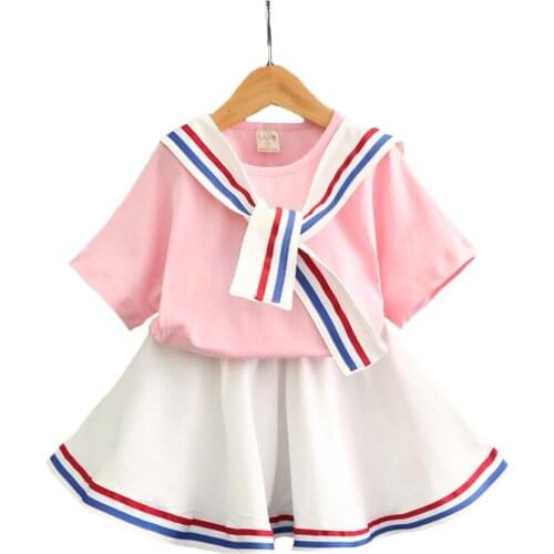 Toddler Cute Student Outfit Summer Cotton Clothing Set For Girls 2021 New Navy Style T-Shirt + Skirt 2Pcs Kids Suit