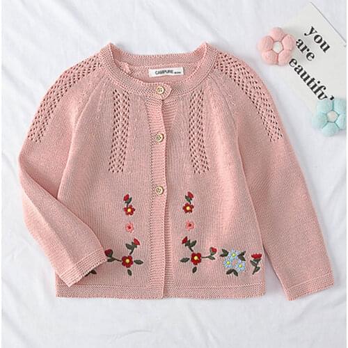 Autumn Winter Long Sleeve Flower Embroidery Knitted Cardigan Baby Girls Sweater Coat Kids Cardigan Children Clothes