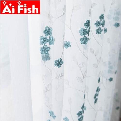 Pastoral Embroidered gauze for living room blue and coffee leaves flowers window treatments tulle for kitchen curtains M148-40