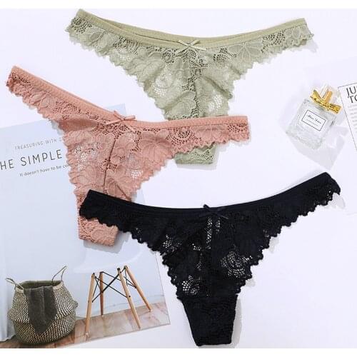 Sexy Lace Thong Low Waist Lace Transparent Panties Women Hollow out Breathable G String Briefs Bow Underwear Lingerie