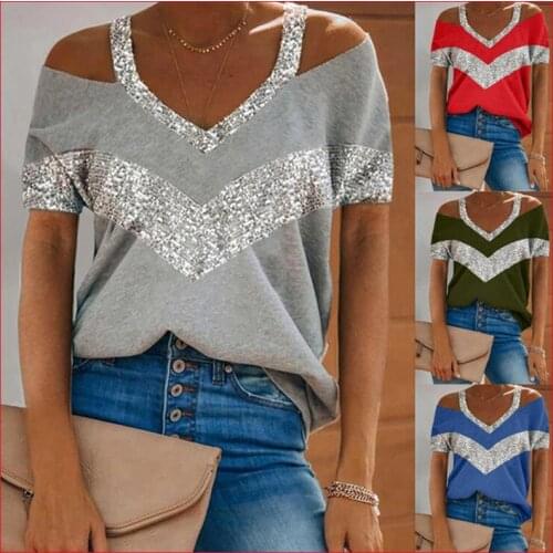 Summer Sexy Off Shoulder Sequins Patchwork Tops Women Halter V-neck Short Sleeve T Shirt Plus Size Tees Tshirts Womans Clothing