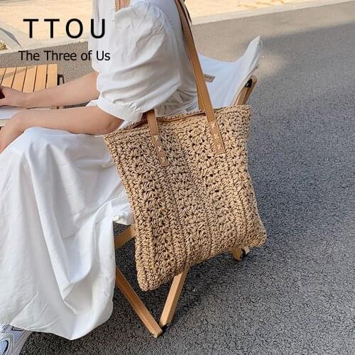 2021 New Summer Hollow Straw Shoulder Bag for Women Holiday Casual Handbag Female Mesh Rope Weaving Beach Bucket Bags