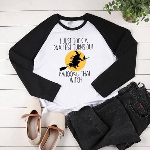 Woman Tshirts Fashion Two-tone Stiching Top I Just Took A DNA Test Printing Halloween Long Sleeve T-shirts Women Autumn Winter