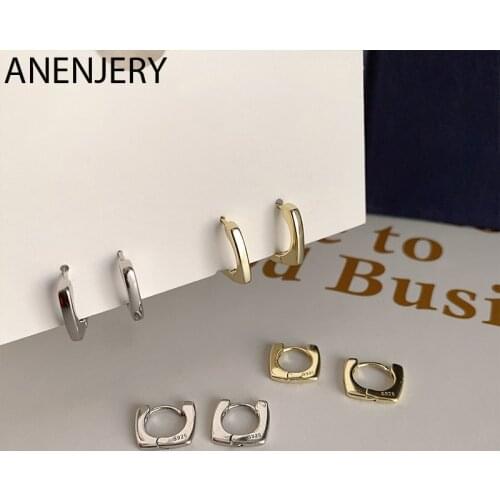 ANENJERY 925 Sterling Silver Geometric Glossy Square Hoop Earrings For Women French Simplicity Daily Earrings Jewelry S-E1469