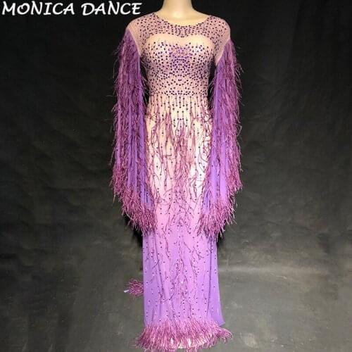 Women Sexy Stage Net Yarn Dress Purple Tassel Sparkling Crystals Stage Wear Dancer Singer Nightclub Performance Bling Costumes