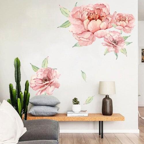 1PC 3D Peony Rose Flowers Wall Stickers Pink Vintage Wallpaper For Bedroom Living Room Decals Mural Home Decor kid Girls Gift