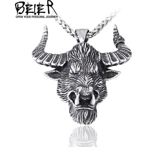 Beier 316L stainless steel Norse Viking Pendant Necklace Bull head animal fashion Scandinavian odin amulet men jewelry LHP123