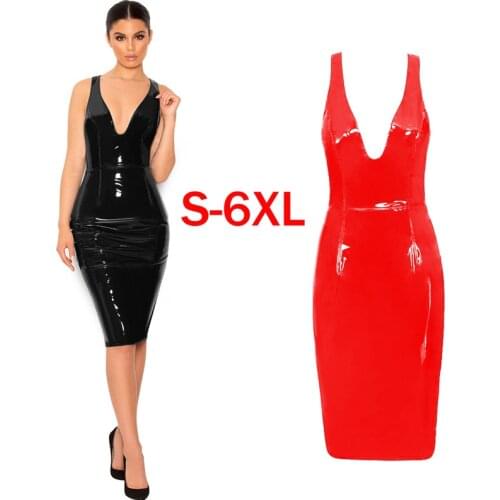 Shiny PVC Women Knee Length Dresses Sexy Deep V Neck Sleeveless Tank Dress Lady Bandage Package Hip Dress Party Vestidos