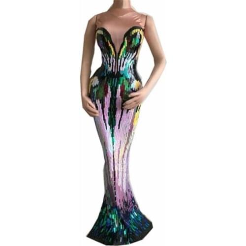 Colorful Appliques Long Dress Women Evening Party Wear Luxurious Stretch Dress Prom Birthday Celebrate Female Singer Stage Dress