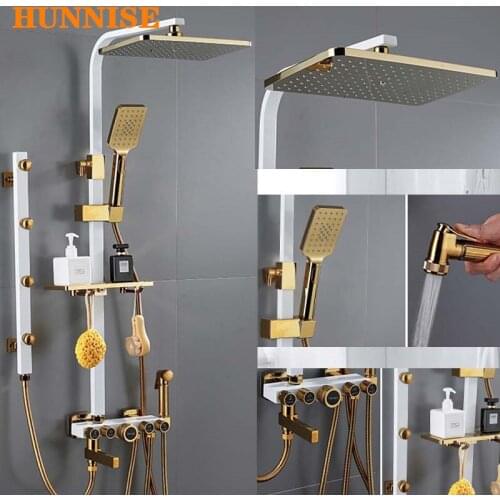 Bathroom Shower Set with Copper Bath Bidet Rainfall Shower Head Chest Spray Shower System White Gold Bathroom Shower Mixer Set