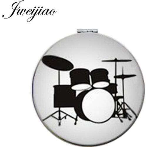 JWEIJIAO Love Musical Instruments Round Pocket Mirror Drum Piano Band combination White PU Leather Folding Compact Makeup Mirror