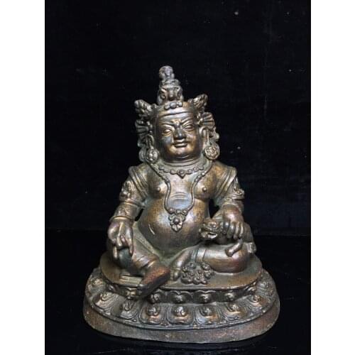 8"Chinese temple collection Old Bronze Cinnabar Lacquer Northern Wei Buddha Huang Caishen Treasure King Sitting Buddha Ornaments
