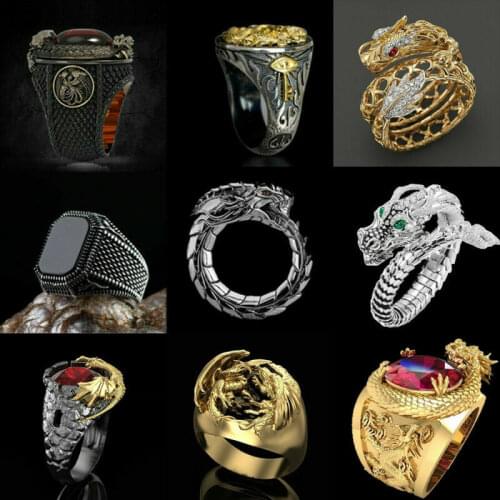 Cool Men Golden Dragon Rings Silver Color Fashion Red AAA Zircon Hip Hop Motorcycle Punk Party Jewelry Gift Size 6-13 Wholesale