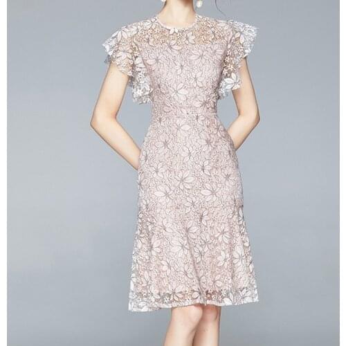 Ruffles Lace Dresses 2021 New Fashion Womens Short Sleeve Sexy O-Neck Hollow Out Slim Work Office Elegant Dress Vintage Vestido