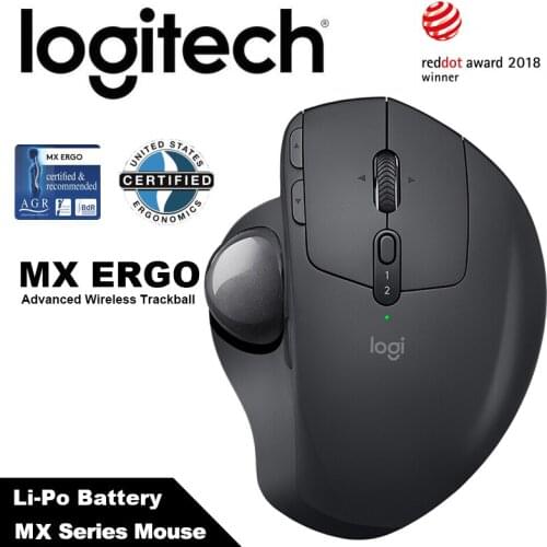 Logitech MX ERGO Advanced Wireless Trackball Bluetooth Mouse with Rechargeable Li-Po Battery Unifying USB Receiver for Windows