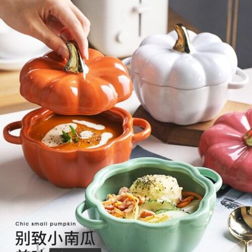 Pumpkin Bowl Creative Cool Household Dual Handle Ceramic Tableware Birds Nest Slow Cooker Dessert Steamed Egg Bowl with Lid