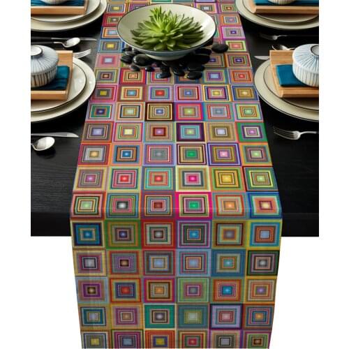 Table Runner Tablecloth Geometric Colored Squares Kitchen Table Runners for Dinner Holiday Party Wedding Events Decor