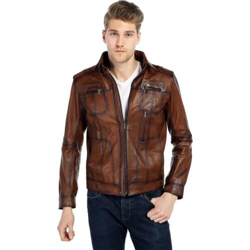 Genuine Soft Leather Handmade Brown Man Jacket Biker Style High Quality Lambskin Metal Autumn Winter Gift For Valentines Day