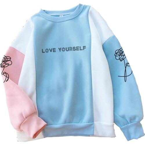 Autumn Spring Fleece Hoodies Women Korean Kpop Bangtan Boys LOVE YOURSELF Floral Print Casual Streetwear Spell Color Sweatshirts