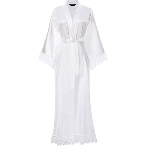 Womens Sexy Long Kimono Dress Lace Bath Robe Lingerie Gown Ice Silk Nightdress Solid Color Nightgown Nightwear Plus Size #0701