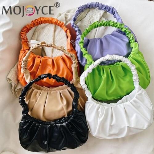 Leisure Women PU Leather Armpit Bags Female Hobos Pure Color Underarm Bags Small Pleated Shoulder Shopping Bags