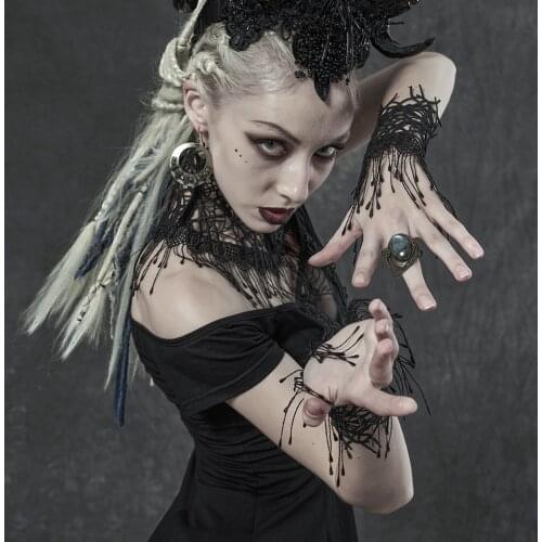 PUNKRAVE Womens Gothic Dark Night Hollow Vine Gloves Neck Cover Three-piece Set Gorgeous Tassels Lace Costume Accessories