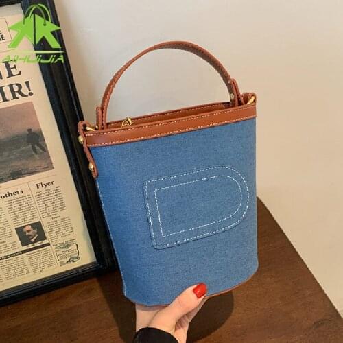 Luxury Designer Denim Bucket Handbags Simple Casual Shoulder Bag for Women 2021 High Quality Pu Patchwork Messenger Bag Female