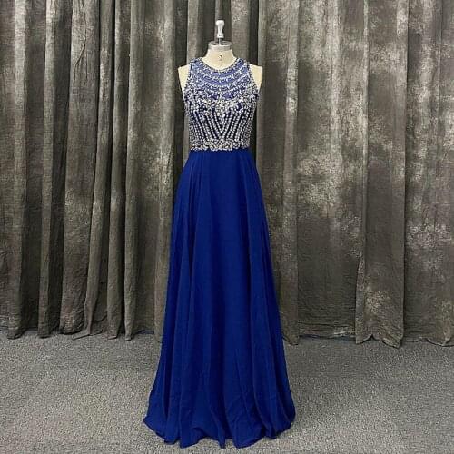 Luxury Crystals Prom Dress Royal Blue Chiffon Floor Length O Neck Sleeveless 24 Hours Shipping In Stock Evening Gown