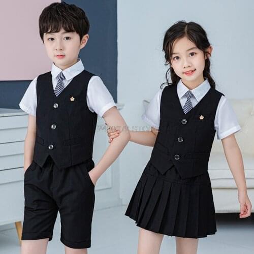 Boys Girls School Uniforms British Style Summer Suit Students Kindergarten Suit Girls Party Skirt Dress Performance Clothing Set
