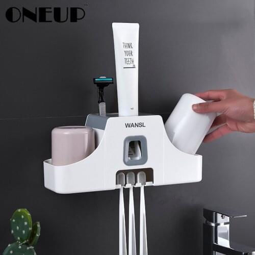 ONEUP Toothbrush Holder Wall Mounted Toothpaste Squeezer Mouth Cup Bathroom Accessories Sets Punch Free Storage Rack with Cup