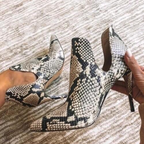 Sexy Snake Printed High Heel Pumps Hollow Cut-out Python Leather Pointed Toe Dress Shoes 10cm Gladiator Heels Ankle Boots