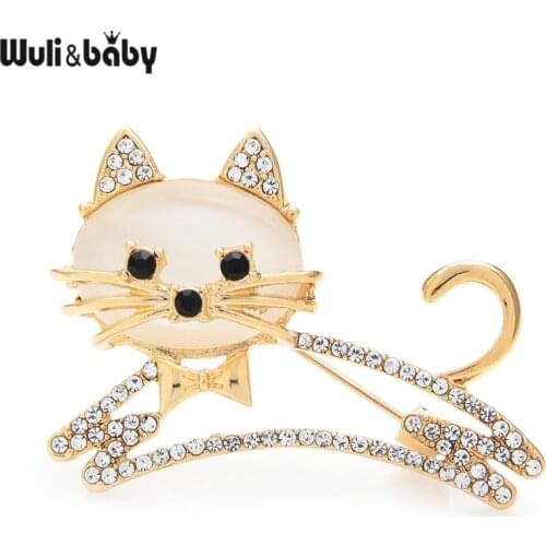 Wuli&baby Cute Opal Running Cat Brooches Women Unisex Rhinestone Wear Bowknot Pets Animal Party Casual Brooch Gifts