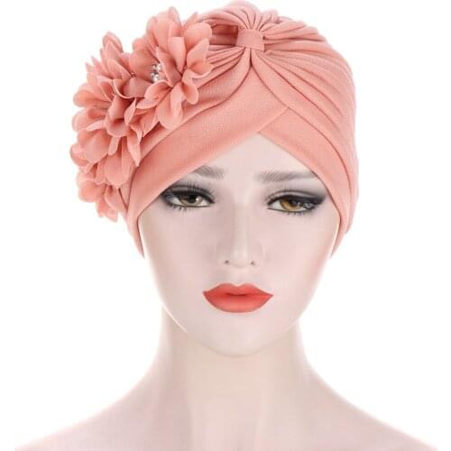 Women Flowers Ruffle Turban Caps Muslim Fashion Pearls Headscarf Bonnet Ladies Hair Accessories Indian Cap Turbante Mujer