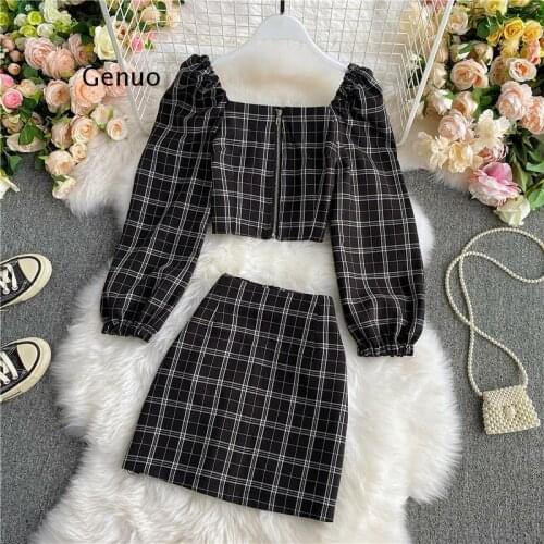 Plaid Tracksuit Women 2 Two Piece Set Casual 2021 Short Top Shirts+ Mini Skirt Matching Sets Outfits New