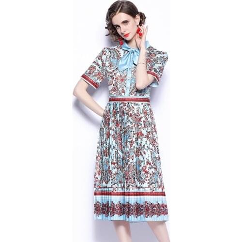 Women Elegant Bow Button Down Shirt Dress 2021 Summer Red Floral Print Short Sleeve A-line Pleated Midi Dress k6756