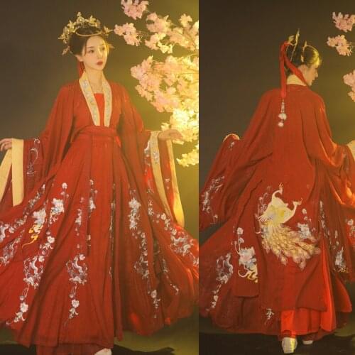 Red Hanfu Dress Women Flower Embroidery Wedding Dress Summer 9 Meters Swing Skirts Chinese Folk Dance Dress Stage Costume SL3441