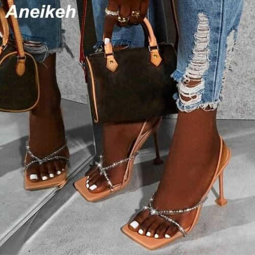 Aneikeh 2021 New Sexy Fashion Narrow Band Metal Decoratio Crystal Bling Thin Heels Sandals Patchwork Party Shoes For Women 35-42