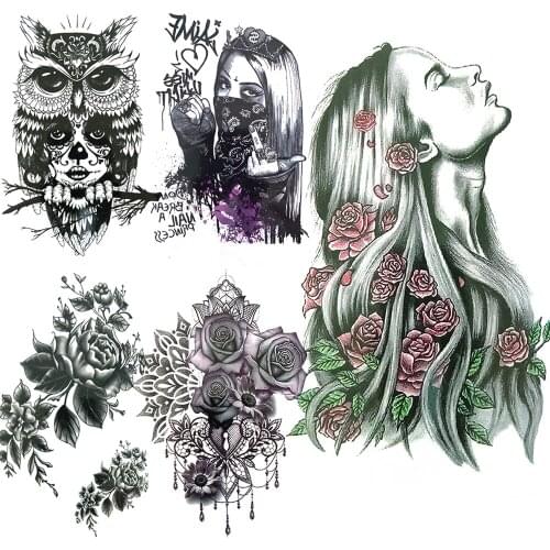 Large Harajuku Fake Temporary Tattoo For Female Men Owl Gangster Tattoo Rose Jasmine Flowers Waterproof Tatoo Masked Women Hands