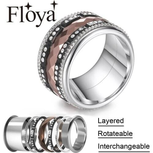 Floya Titanium Rings Femme Black Eternity Band Stainless Steel Interchangeable Spinner Ring
