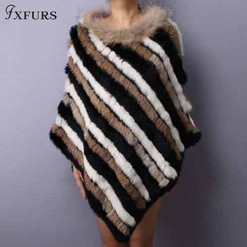 FXFURS 2020 Knitted Rabbit Fur Shawl Women Fashion Triangle Fur Poncho Striped Patchwork Scarf with Raccoon Fur Stripes Collars