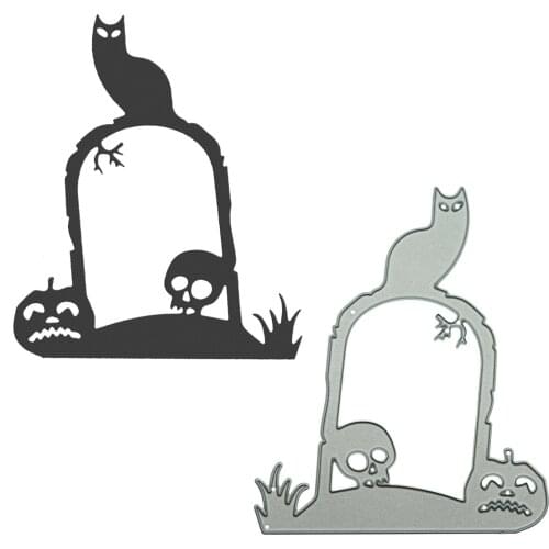 Cat Sitting On Tomb Tombstone Pattern Metal Cutting Dies Scrapbooking For Halloween Invitation Card Clipart Decorating Craft