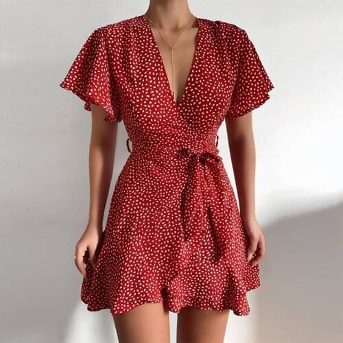 Summer V-neck Floral Polka Dot Dress Female Beach Bohemian Chiffon Mini Dress Party Dress