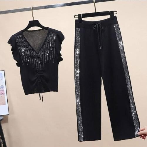 Summer Knit Two Piece Set Women Plus Size Sets Heavy Industry Hot Drilling Bottoming Shirt Tops Women 2021+Slit Pant Suits Women