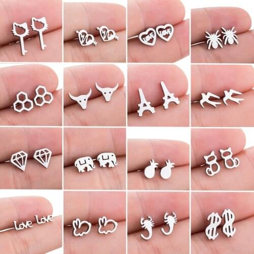 Cute Animal Stud Earrings for Women Kids Jewelry Stainless Steel Rabbit Cat Bull Elephant Scorpion Earrings Birthday Gifts