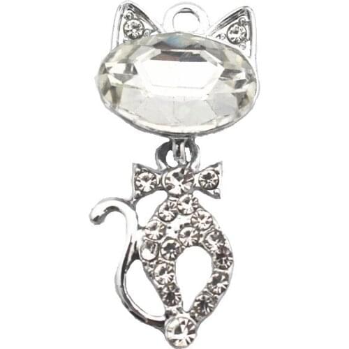 Wholesale 20pcs/lot High Quality Cute Cat Crystal Silver Dangle Charms Lobster Clasp Charms Fit Women Bracelet Necklace Jewelry