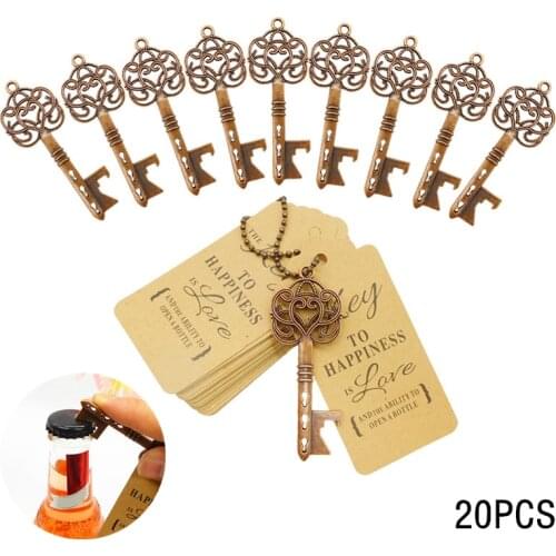 20Set Retro Key Shaped Bottle Opener Portable Corkscrew Wedding Kitchen Winebottle Keychain Beer Opening Tool with Tag Chain
