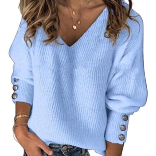 New Style Sweater Womens Solid Colored Pullover Long Sleeve Sweater V Neck Knit Pullover Buttons Cuff Ribbed Sweater