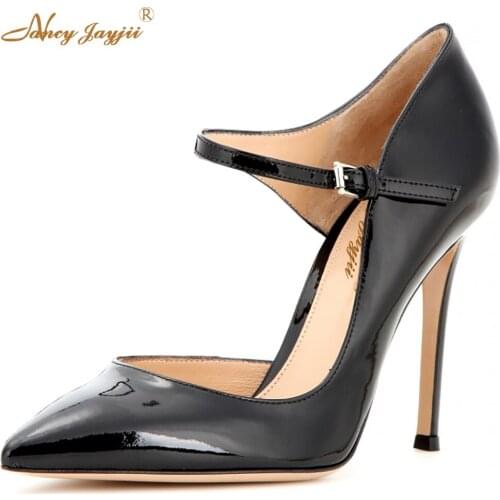 Women Black&White Point Toe Ankle Strap Pleather High Heels Pumps Shoes for Woman, zapatos mujer tacon, plus size 4-16